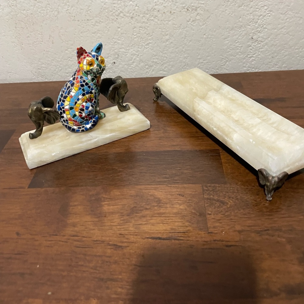 Marble and Bronze Desk Set: Custom Pen Display and Paperweight